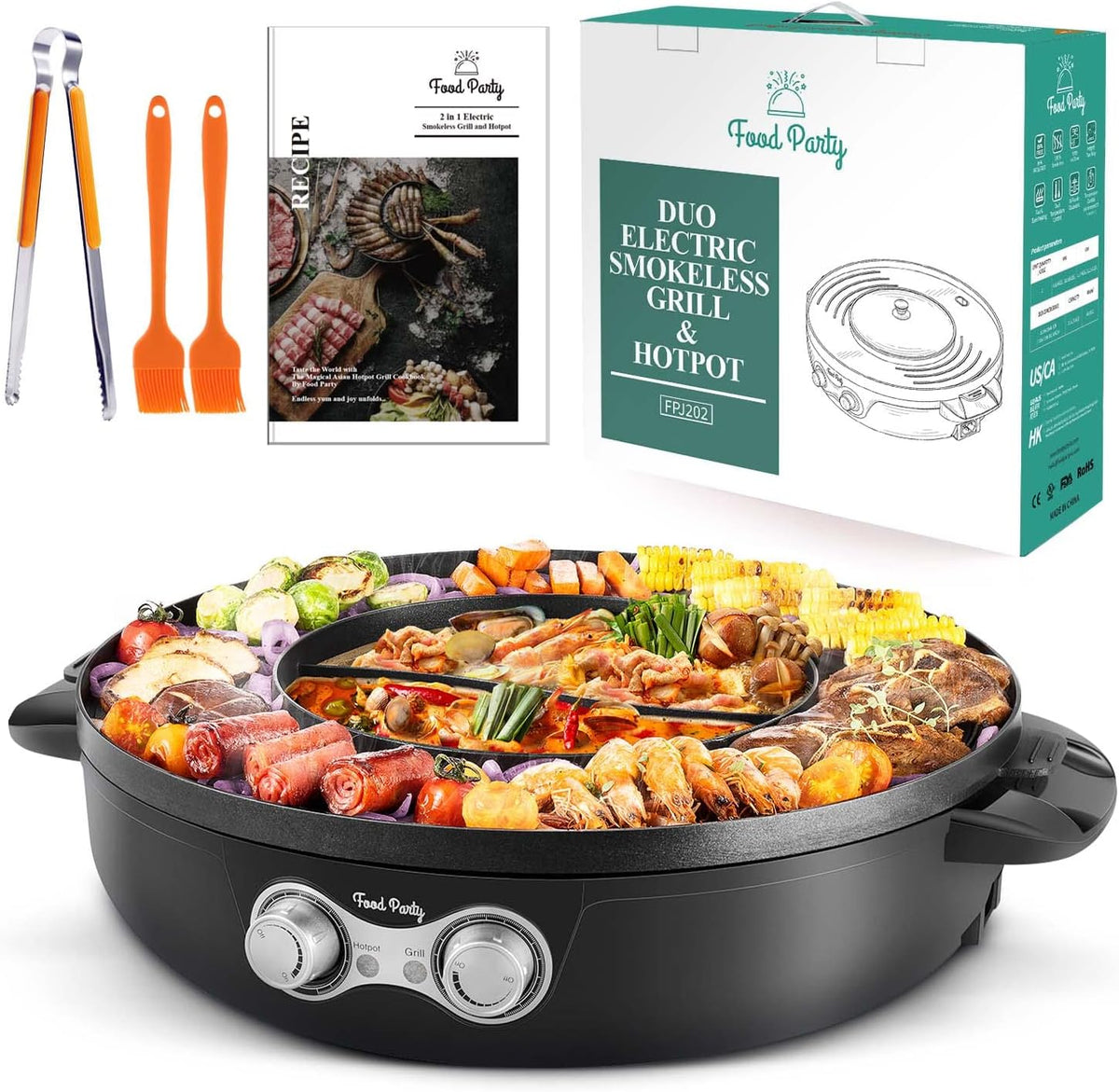 Food Party Grill Hotpot Pan Koreaanse BBQ Hot Pot Elektrisch 220V 2200W, voor 8 Personen