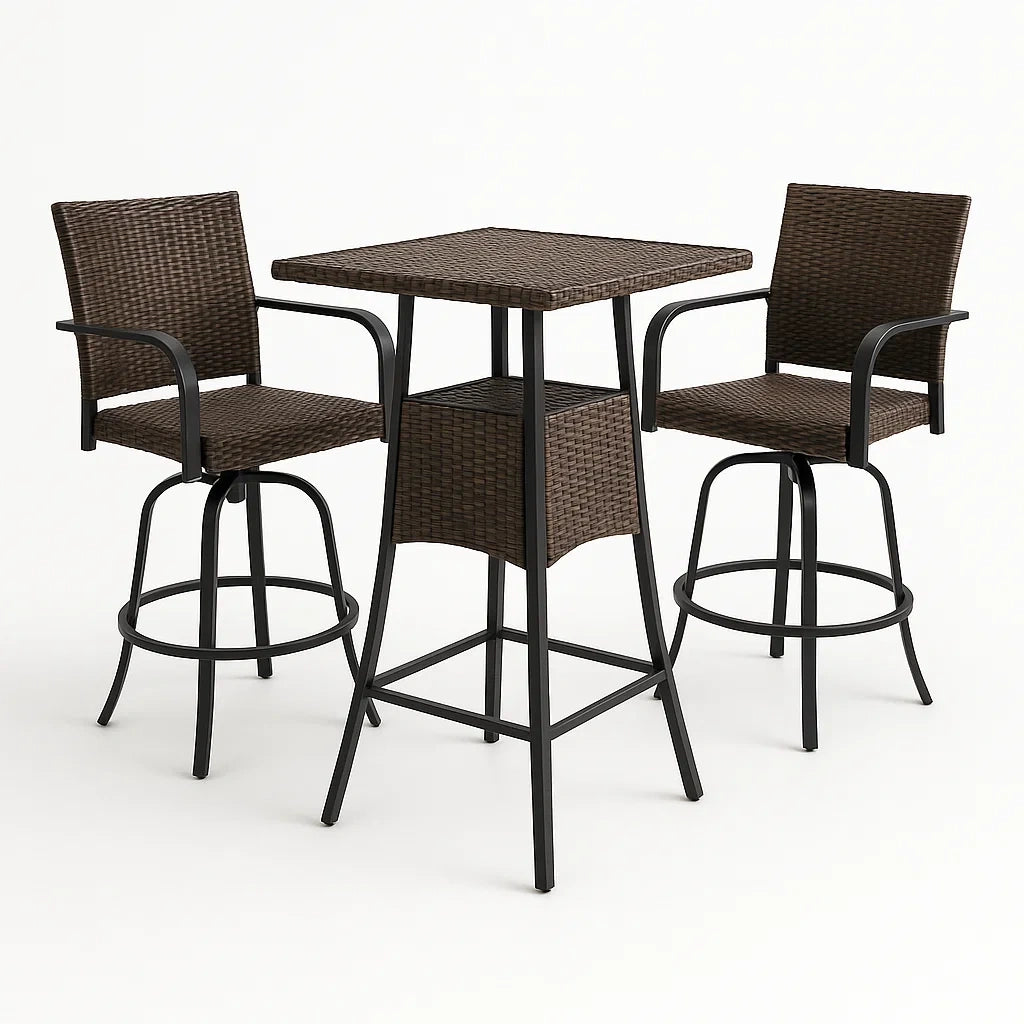 Bistro-Set aus Polyrattan und Metall, 2 Barhocker und Tisch in Braun