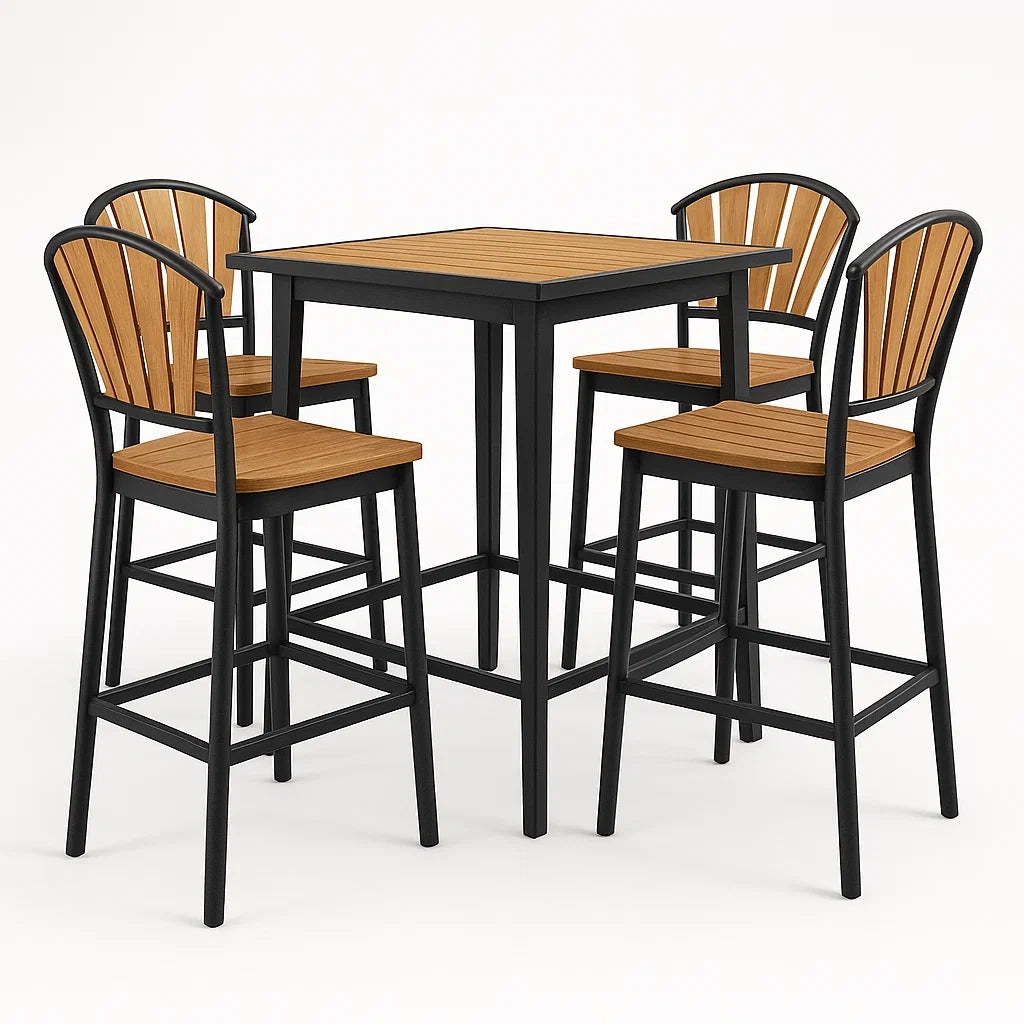 Bistrotisch-Set mit 4 Hochstühlen aus Akazienholz und Stahl Schwarz/Braun