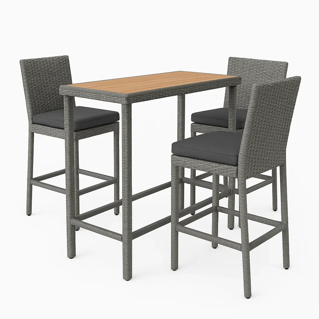 Rattan-Bar-Set mit Teak-Tischplatte, Grau, 108x65x110 cm, inkl. 3 Hocker