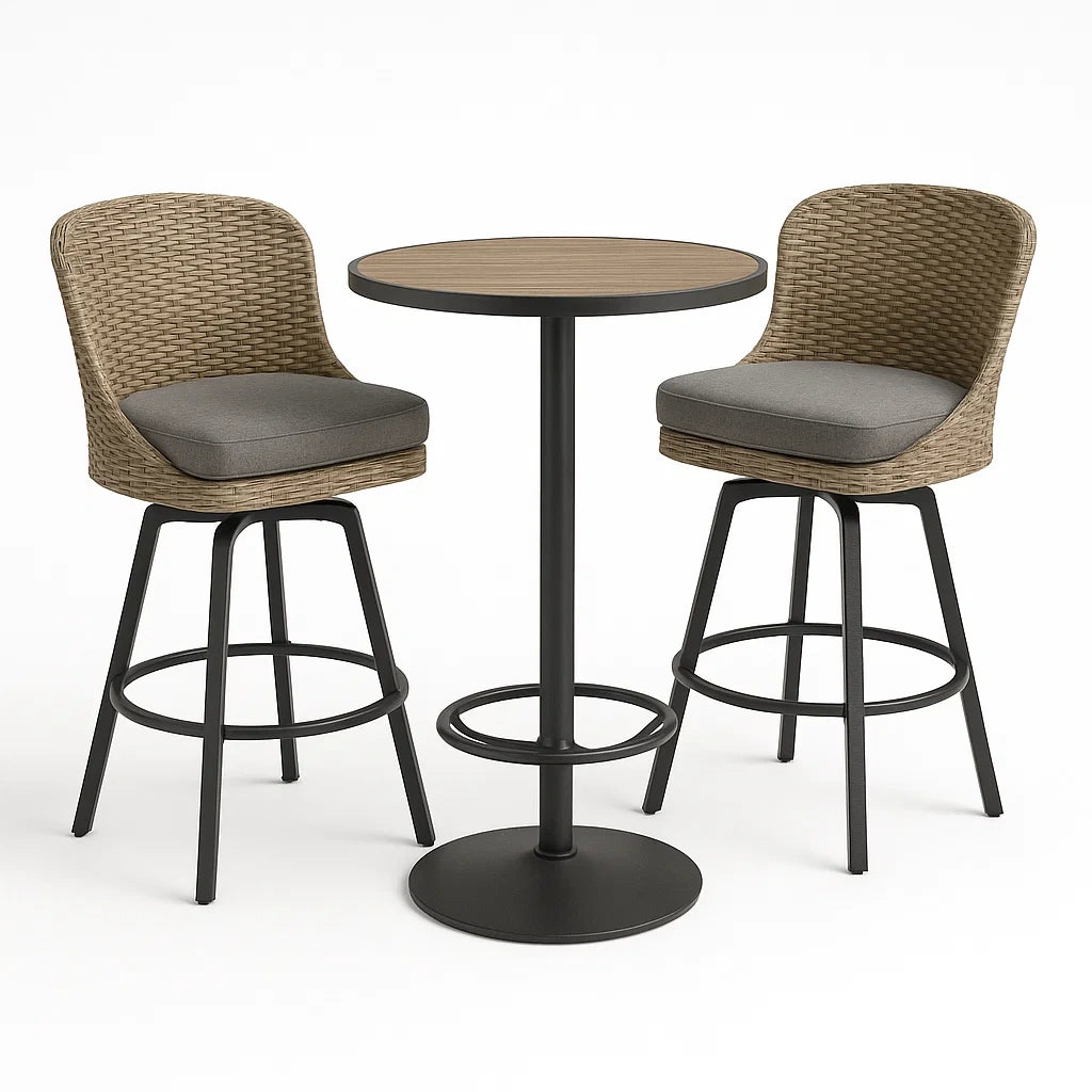 Rattan Bistro-Set mit 2 Barhockern und Tisch aus Metall Braun/Schwarz