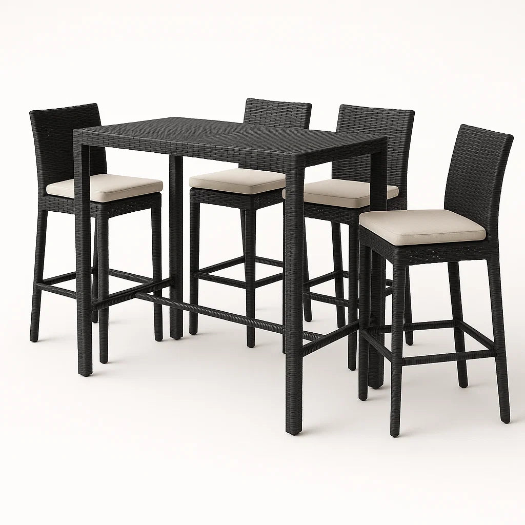 4-teilige Sitzgruppe aus Polyethylengeflecht Schwarz mit Tisch und Hockern