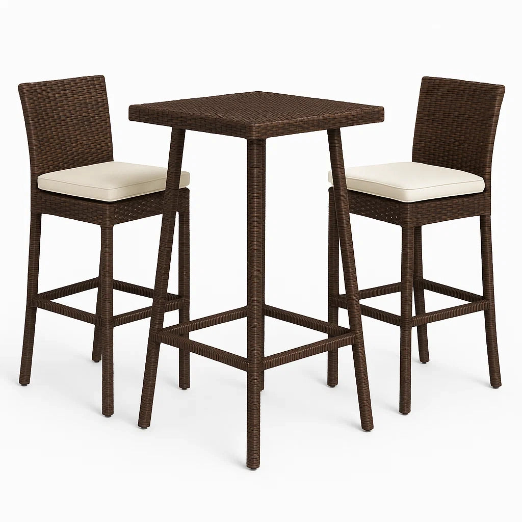 Rattan Bar-Set mit Tisch und 2 Stühlen, Braun