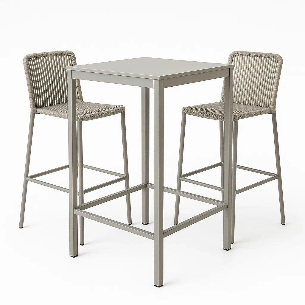 Bargarnitur aus Aluminium mit Tisch und 2 Hockern in Grau