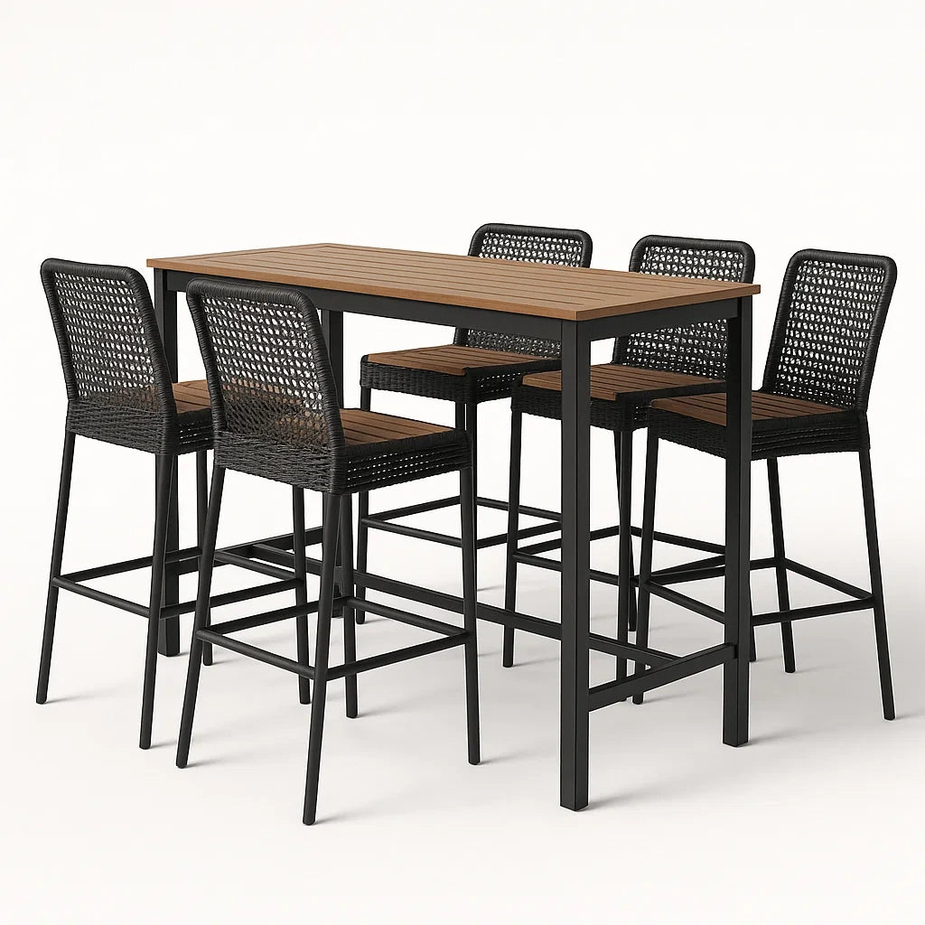 Balkonset mit Tisch und 6 Barhockern aus Metall und Holz