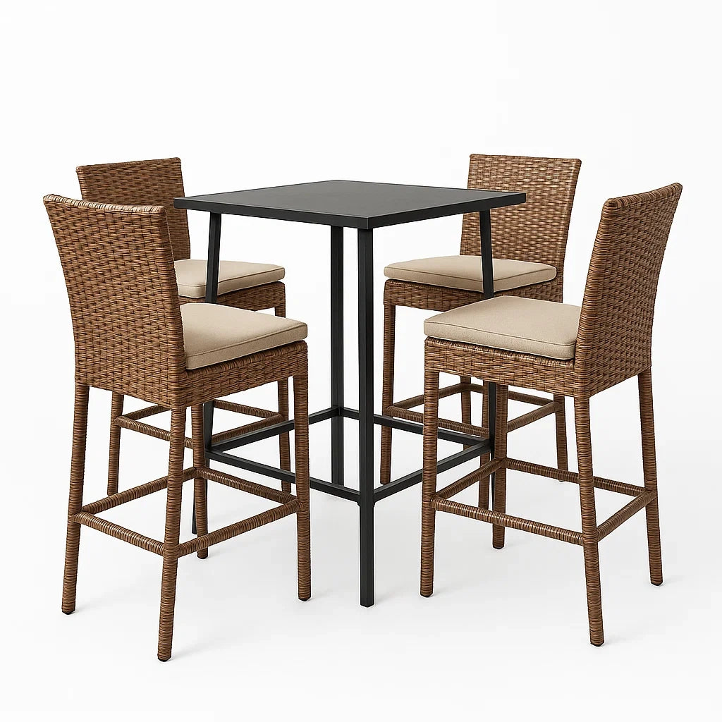 Outdoor-Bar-Set mit Tisch und 4 Stühlen aus Polyrattan und Metall, Braun