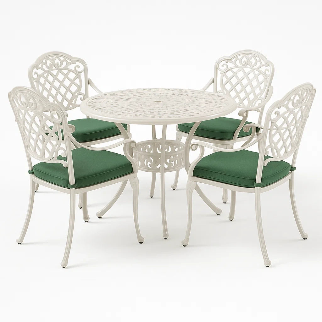 Rundes Gartenmöbel-Set aus Aluminium mit vier Stühlen und grünen Kissen