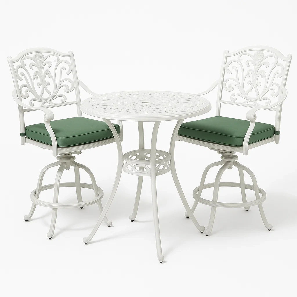 Gartenmöbel-Set aus Aluminium in Weiß mit rundem Tisch und zwei Stühlen