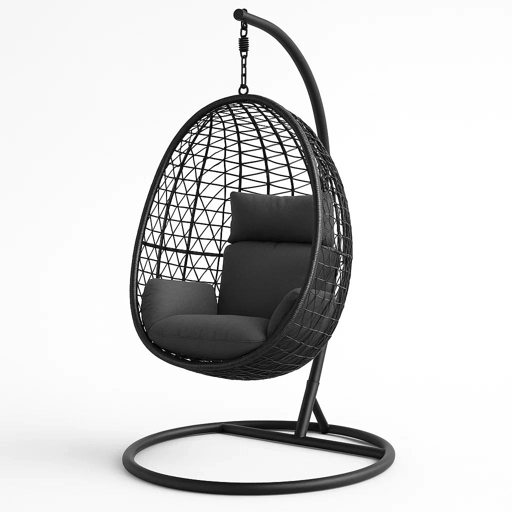 Schwarzer Hängesessel aus Rattan mit Metallrahmen
