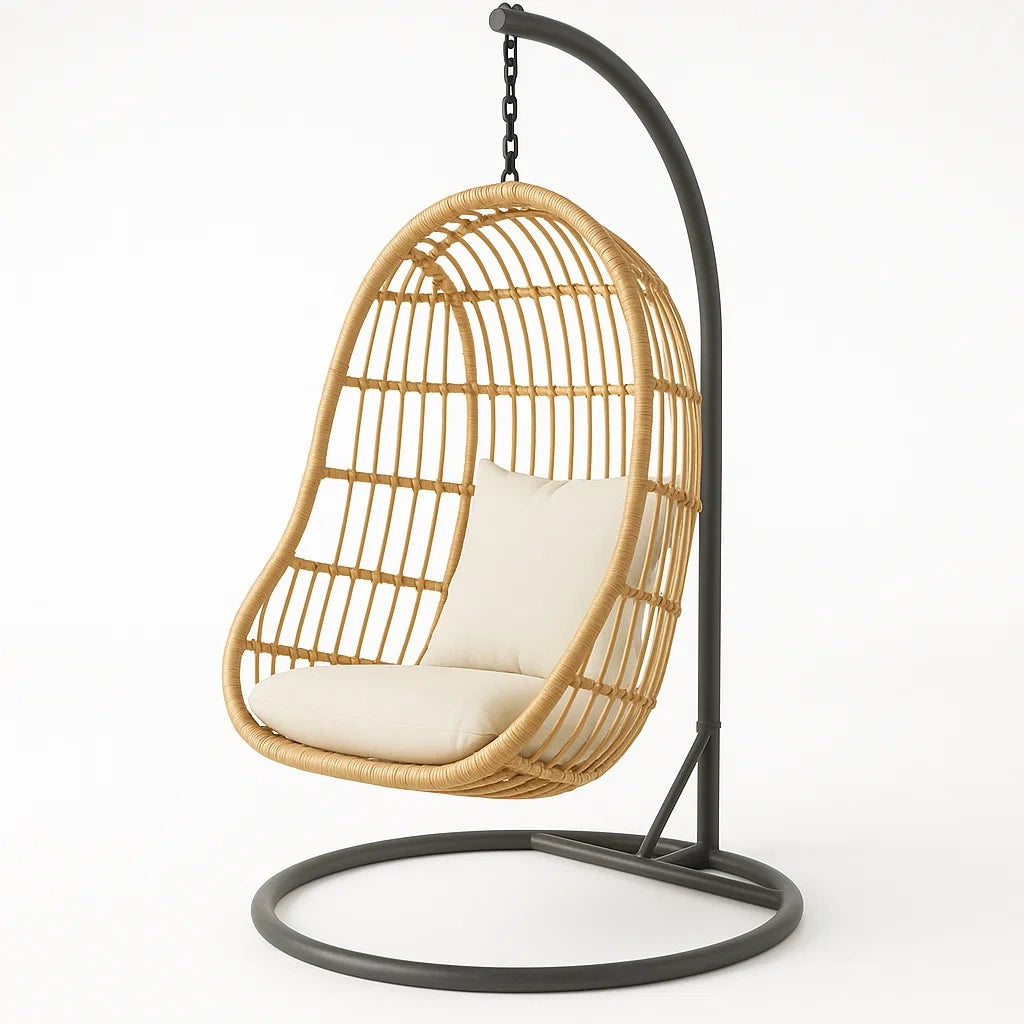 Hängesessel aus Rattan mit Stahlrahmen und Leinenkissen Beige