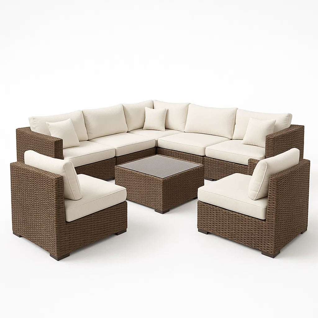 Rattan Ecksofa Set mit Aluminiumrahmen Braun Beige