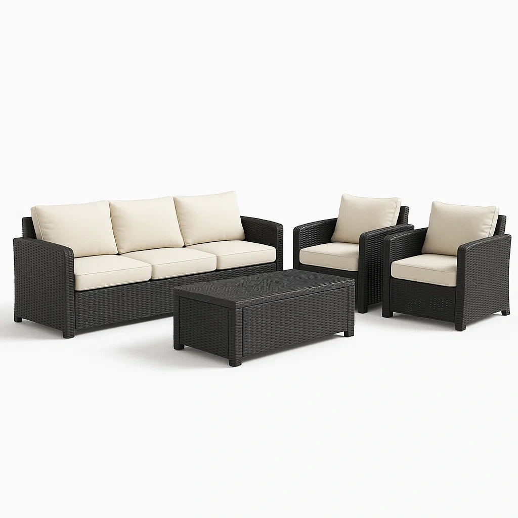 4-teiliges Gartenmöbel Set Aluminium Rattan Dunkelbraun mit Polyester Kissen Beige