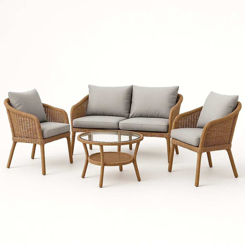 Rattan Gartenmöbel-Set Stahl mit gehärtetem Glas Hellbraun Grau