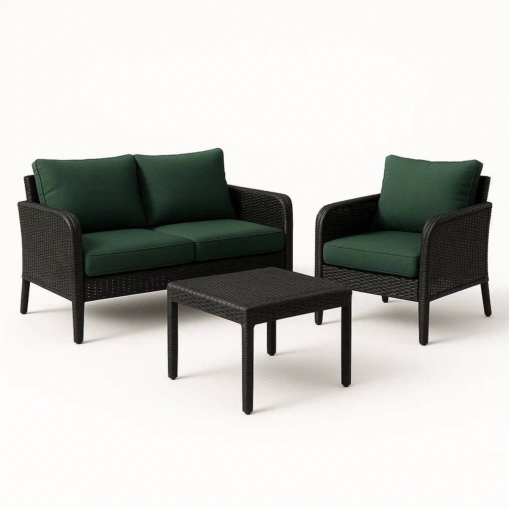 Gartenmöbelset aus Polyrattan in Schwarz mit dunkelgrünen Kissen, Sofa, Sessel und Tisch