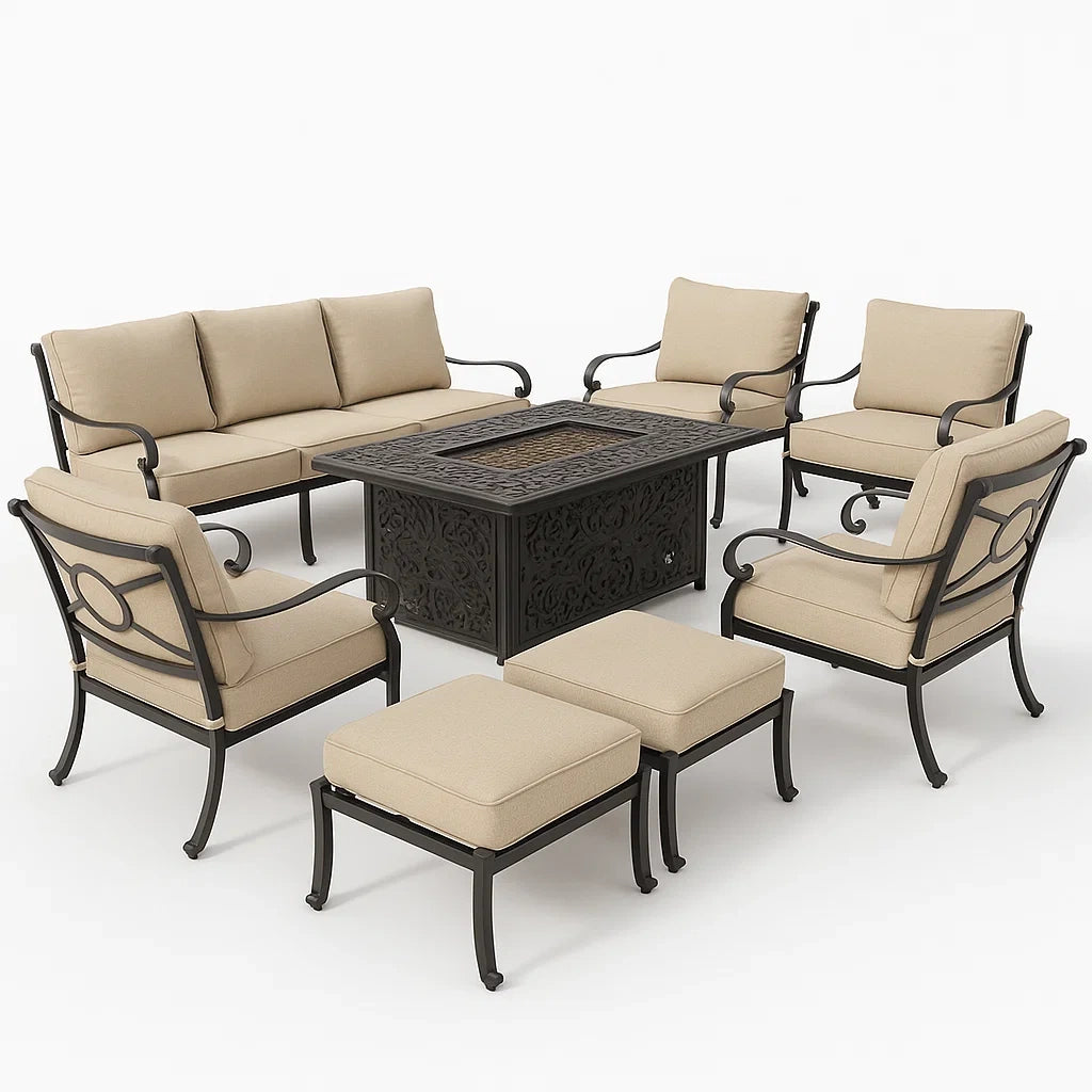 Gartenmöbel-Set aus Metall mit Polyesterkissen und Feuertisch