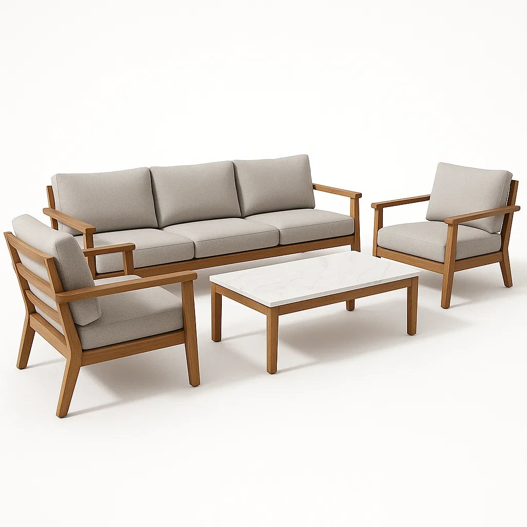 Outdoor-Sitzgruppe aus Holz mit Stoffbezügen und Marmortisch, Beige