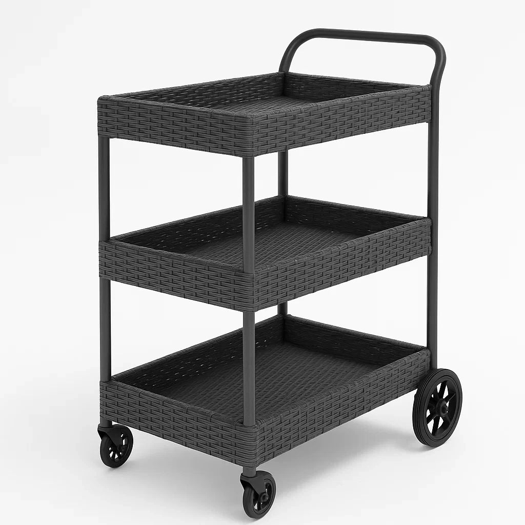Servierwagen aus Polypropylen-Geflecht, Dreistufig, Schwarz, 85x45x35 cm