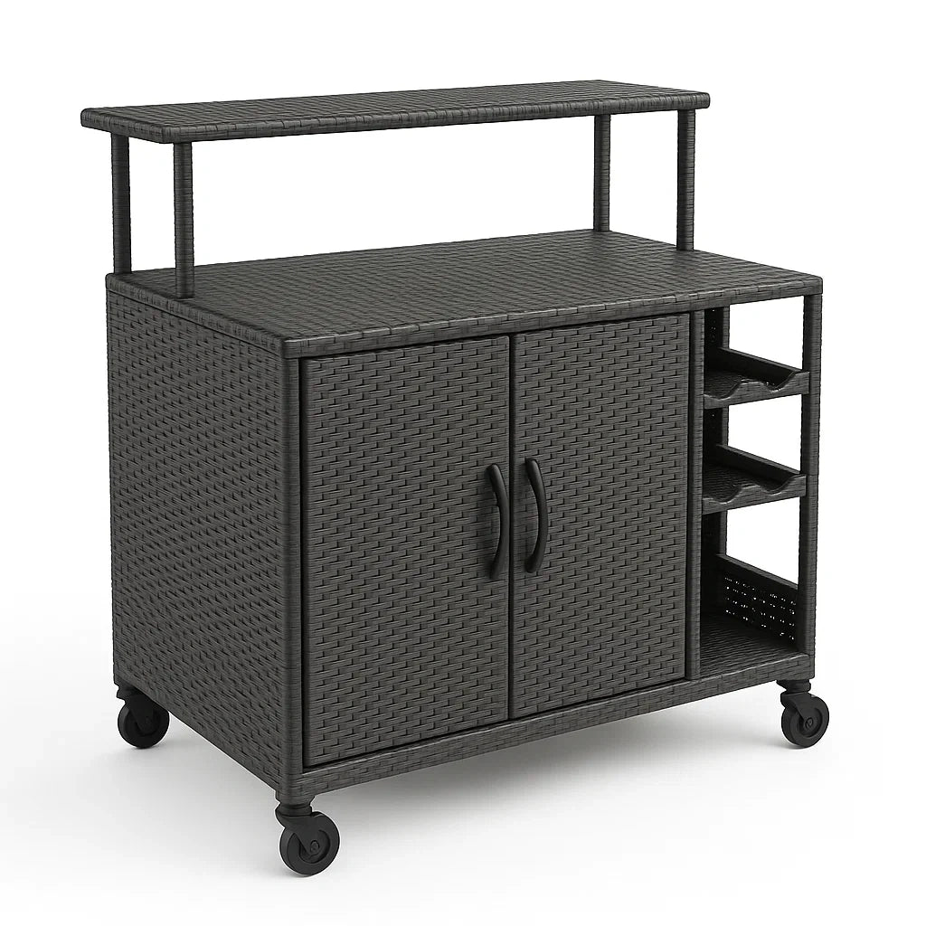Garten-Servierwagen aus Rattan mit Rollen, Grau