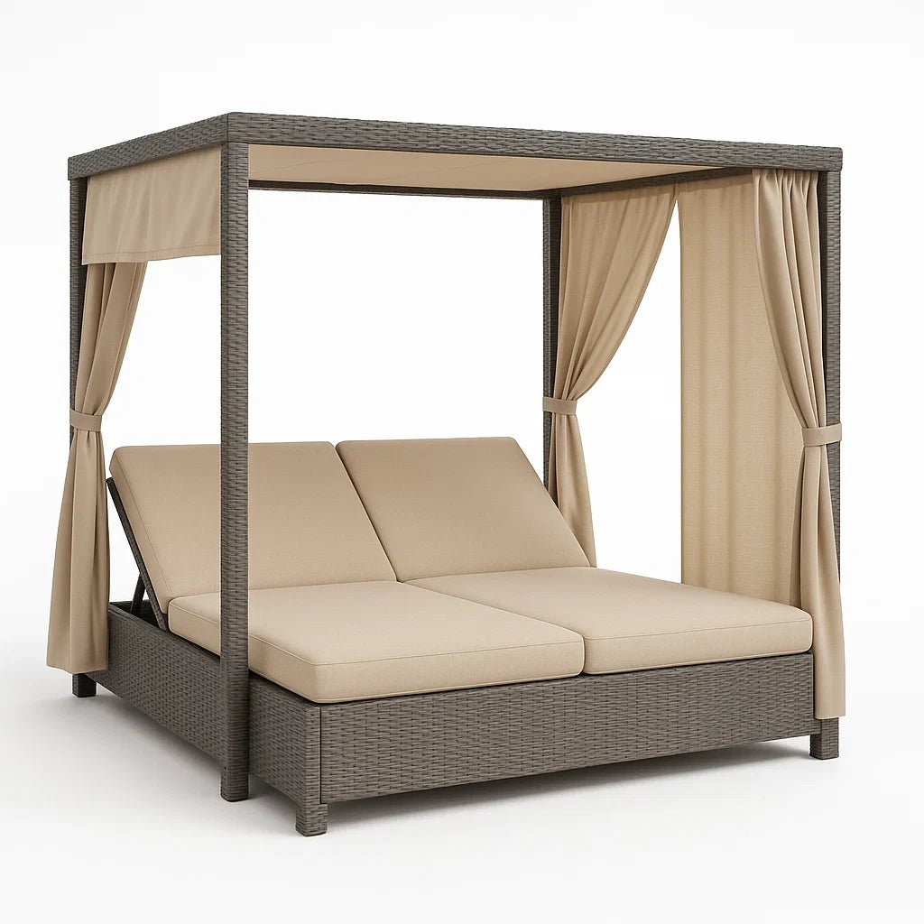 Sonnenliege aus Aluminium und Rattan mit Vorhängen, Beige