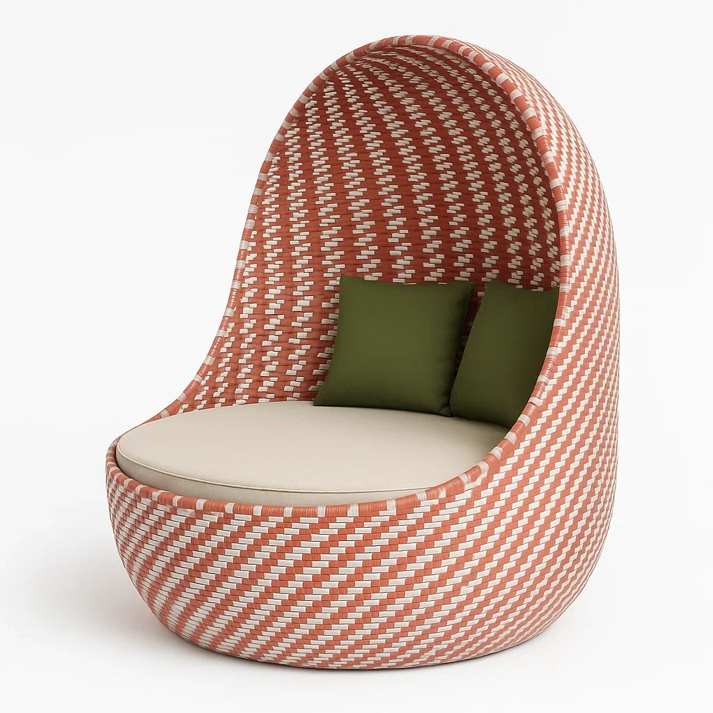 Outdoor Loungesessel Kunststoffgeflecht Rot/Weiß mit Grünen und Beigen Kissen