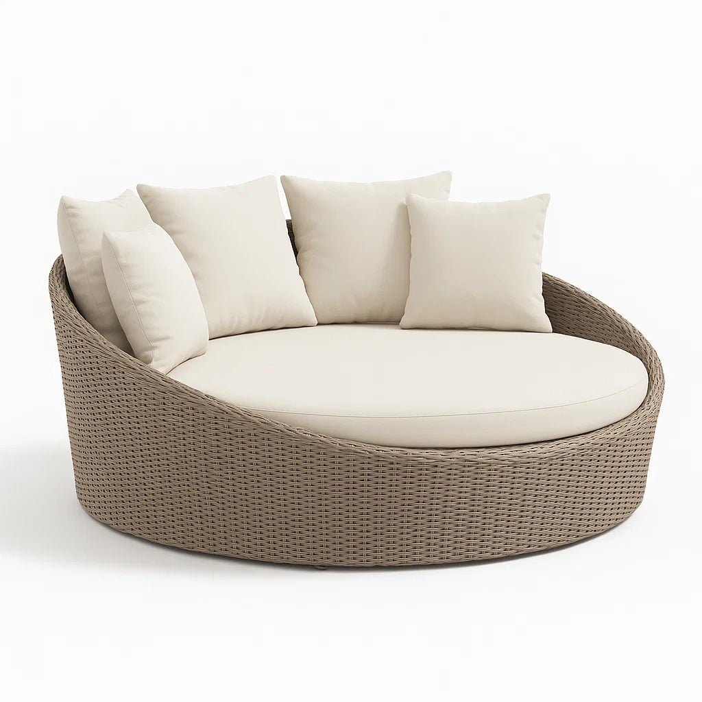 Runde Outdoor-Rattan-Lounge-Sonnenliege mit Kissen, Beige, 200cm Durchmesser