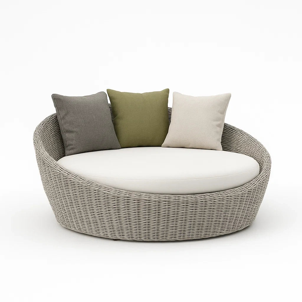 Rundes Rattansofa mit Kissen Grau/Grün/Beige