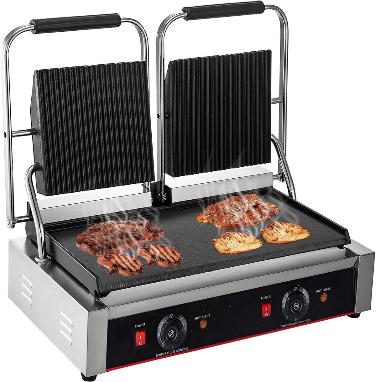 Fitlin Kookplaat Commerciële elektrische bakplaat RVS grill BBQ, aanrecht kookplaat platte bovenkant keukengrill, met dubbele thermostaatregeling