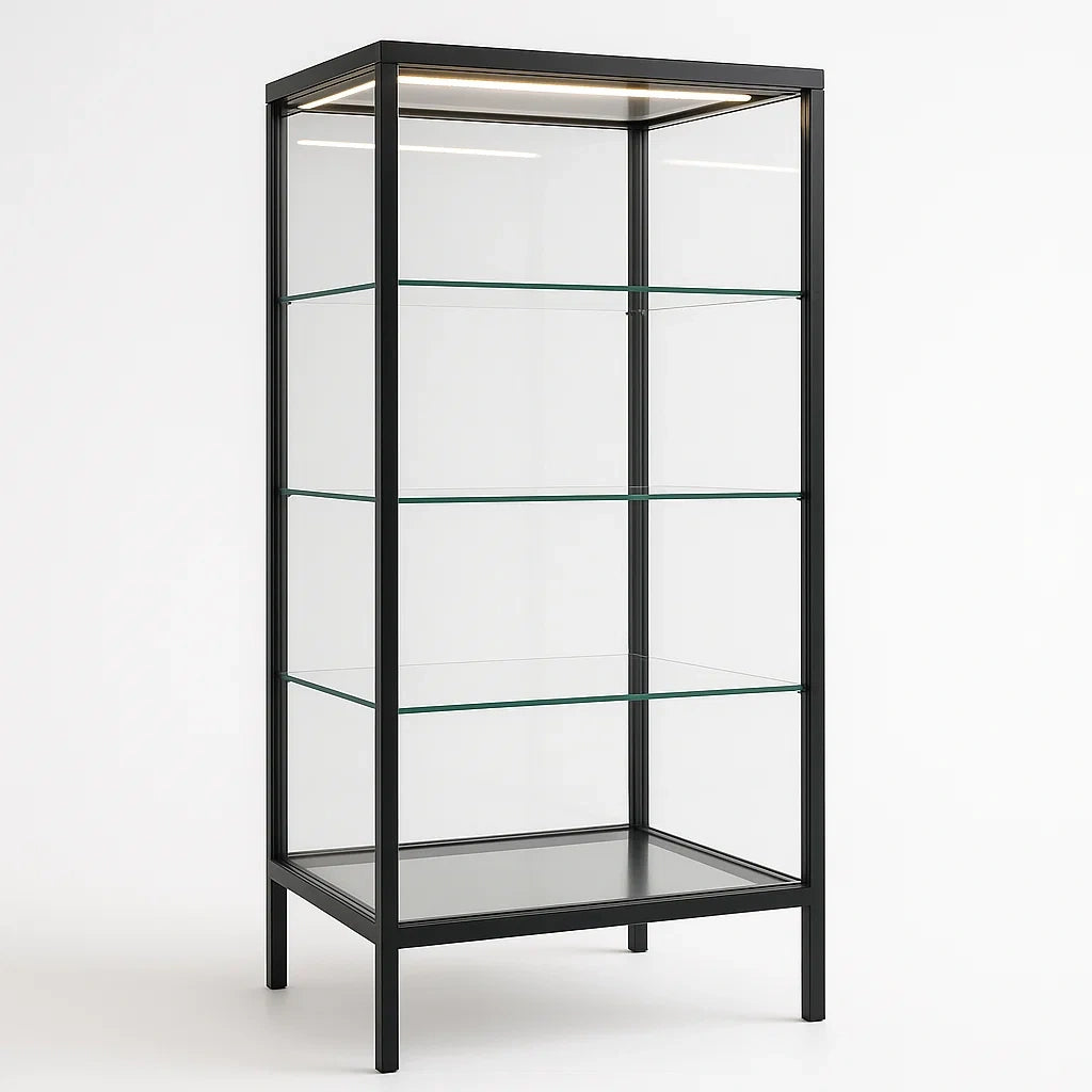 Metallvitrine Schwarz mit 4 Böden aus Gehärtetem Glas, 170 cm Höhe