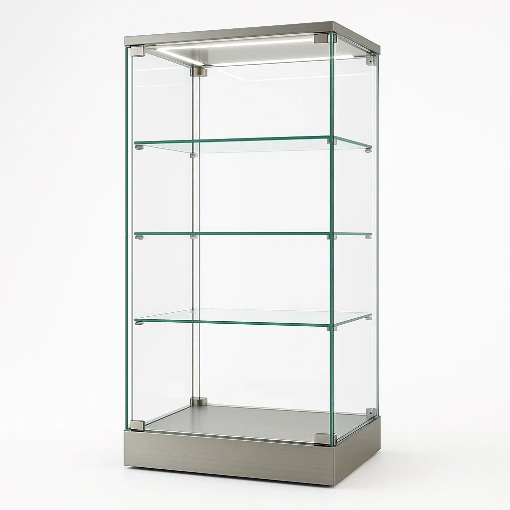 Glasvitrine mit LED-Beleuchtung, gehärtetes Glas, Edelstahlrahmen, 180 cm