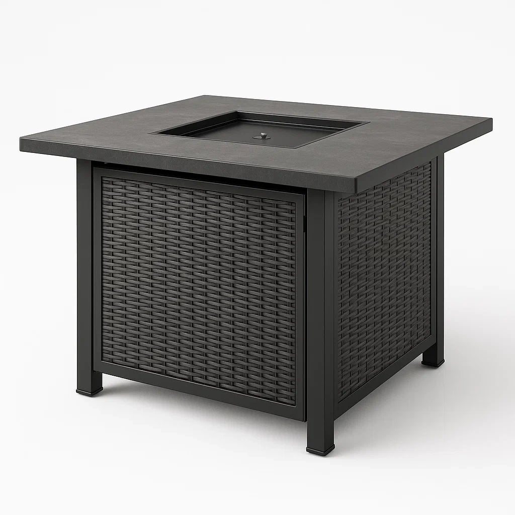 Feuertisch aus Stahl und Polyethylen-Rattan 91 cm x 91 cm x 63 cm Schwarz