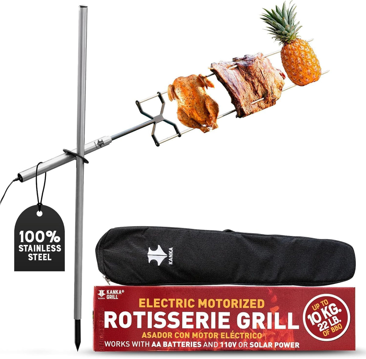 Kanka Grill De : Heavy Duty Rotisserie, met 110-240V of batterijen. Kook over elke grill of vuur. ALLE stalen professionele apparatuur