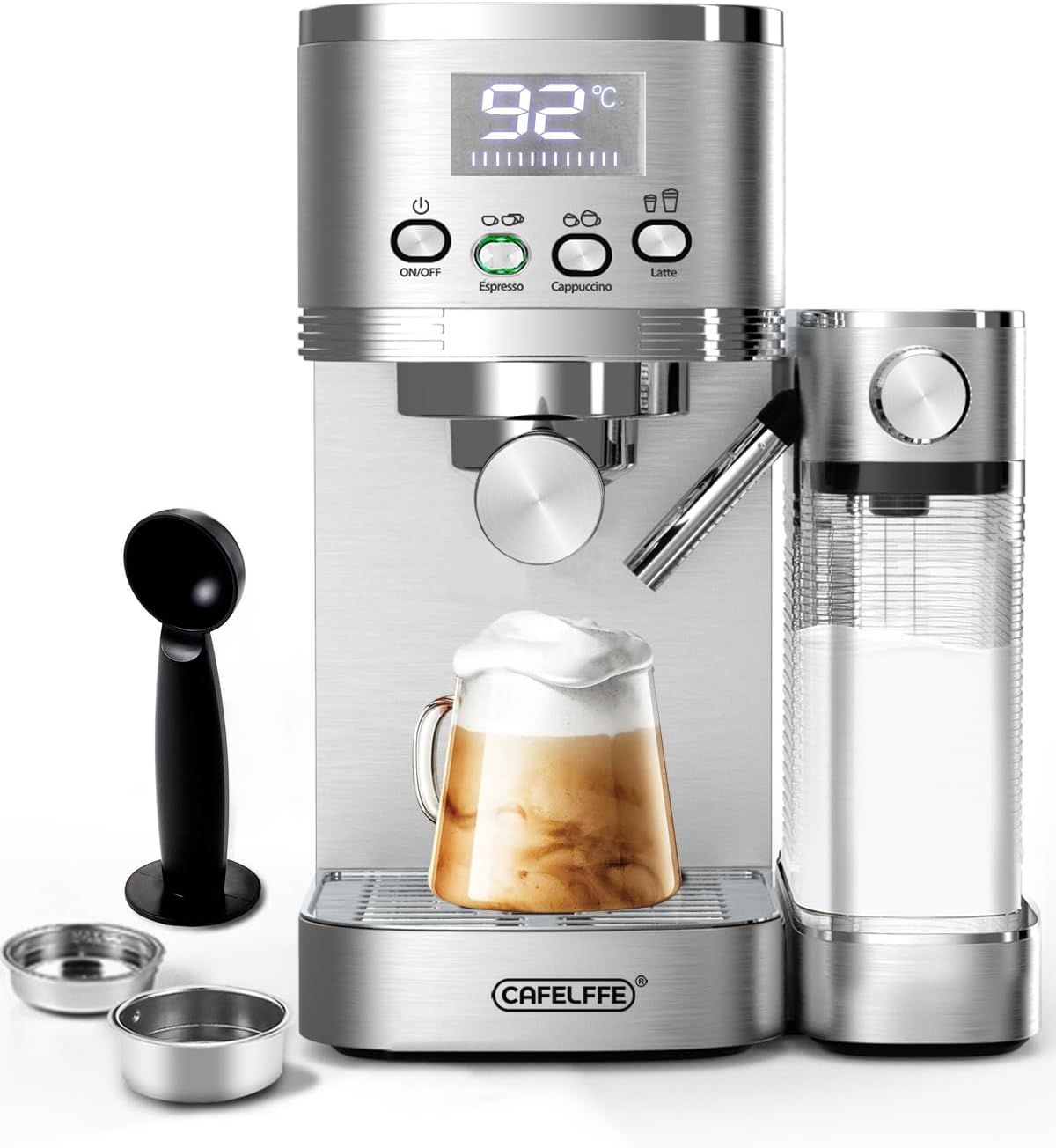 Cafelffe Espressomachine 6-in-1, met zelfreiniging en 3 temperatuuropties, 1,3 liter roestvrij staal, filterhouder, met melkreservoir