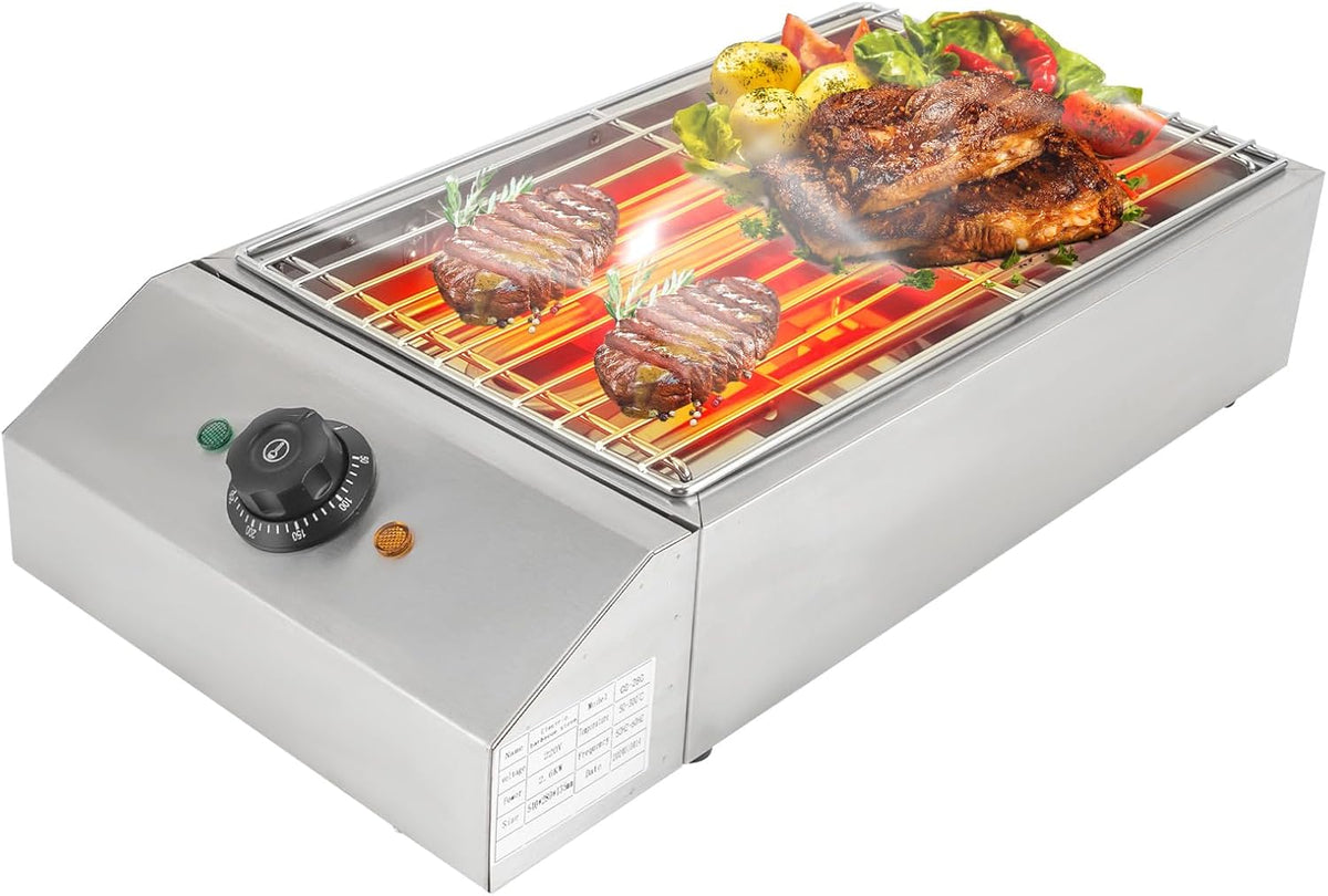 Babeenoo Grill Elektrische, 220 V, 2,6 kW, 54 x 28 x 13,5 cm, 50-300 °C, temperatuur instelbaar, tafelrooster, met afneembaar roestvrijstalen rooster