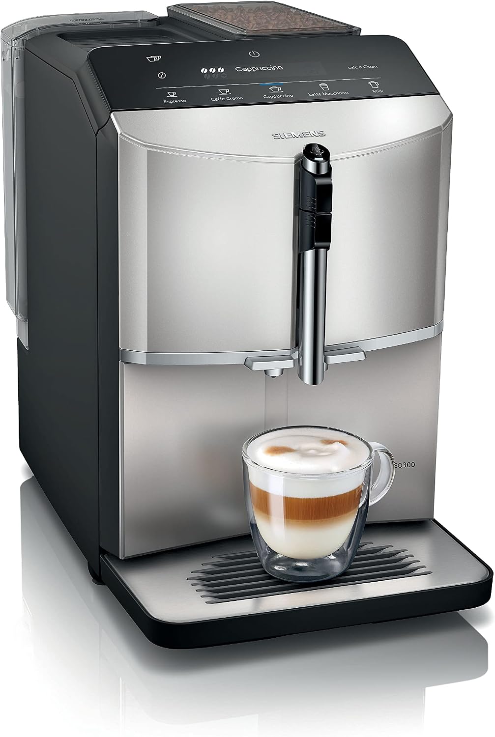 Siemens Espressomachine, EQ300, TF303E07, inox-zilver metallic, volautomatische espressomachine, ceramDrive, milkPerfect, oneTouch-functie