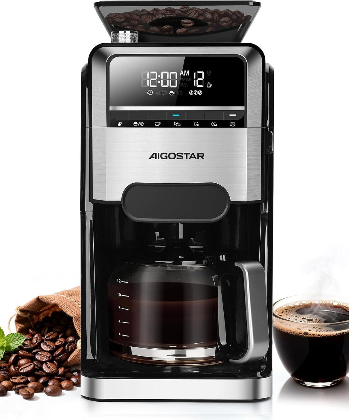 Aigostar Koffiezetapparaat, 24-uurs timer, 1400W Filterkoffiezetapparaat, 7 maalstanden, 3 aromastandjes, 1,5 liter (2-12 koppen), Zwart