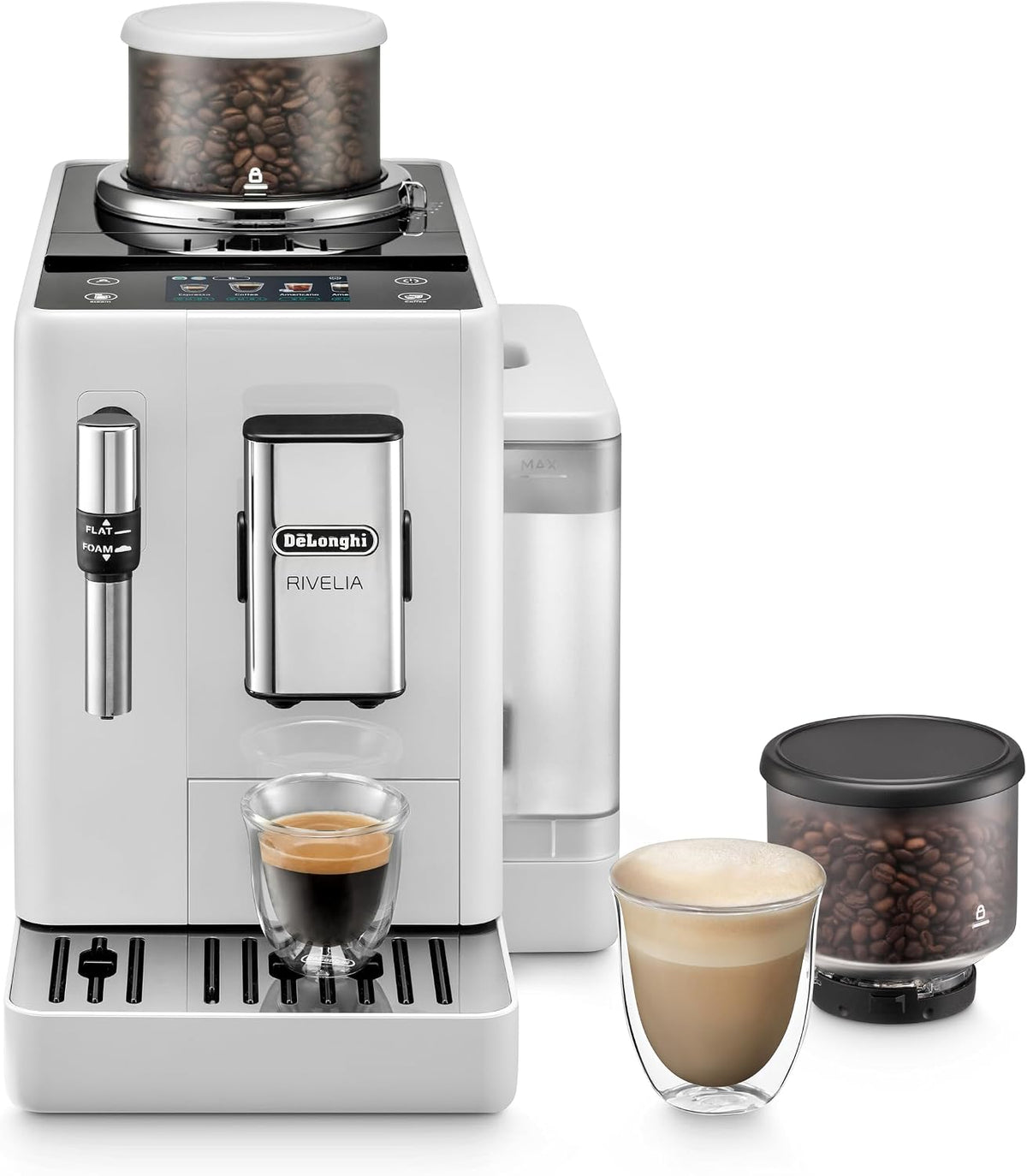 Espressomachine De'Longhi Rivelia EXAM440.35.W Volautomatische, 8 koffiedranken, 3,5 inch touchscreen, met melkopschuimmondstuk, extra shot-functie