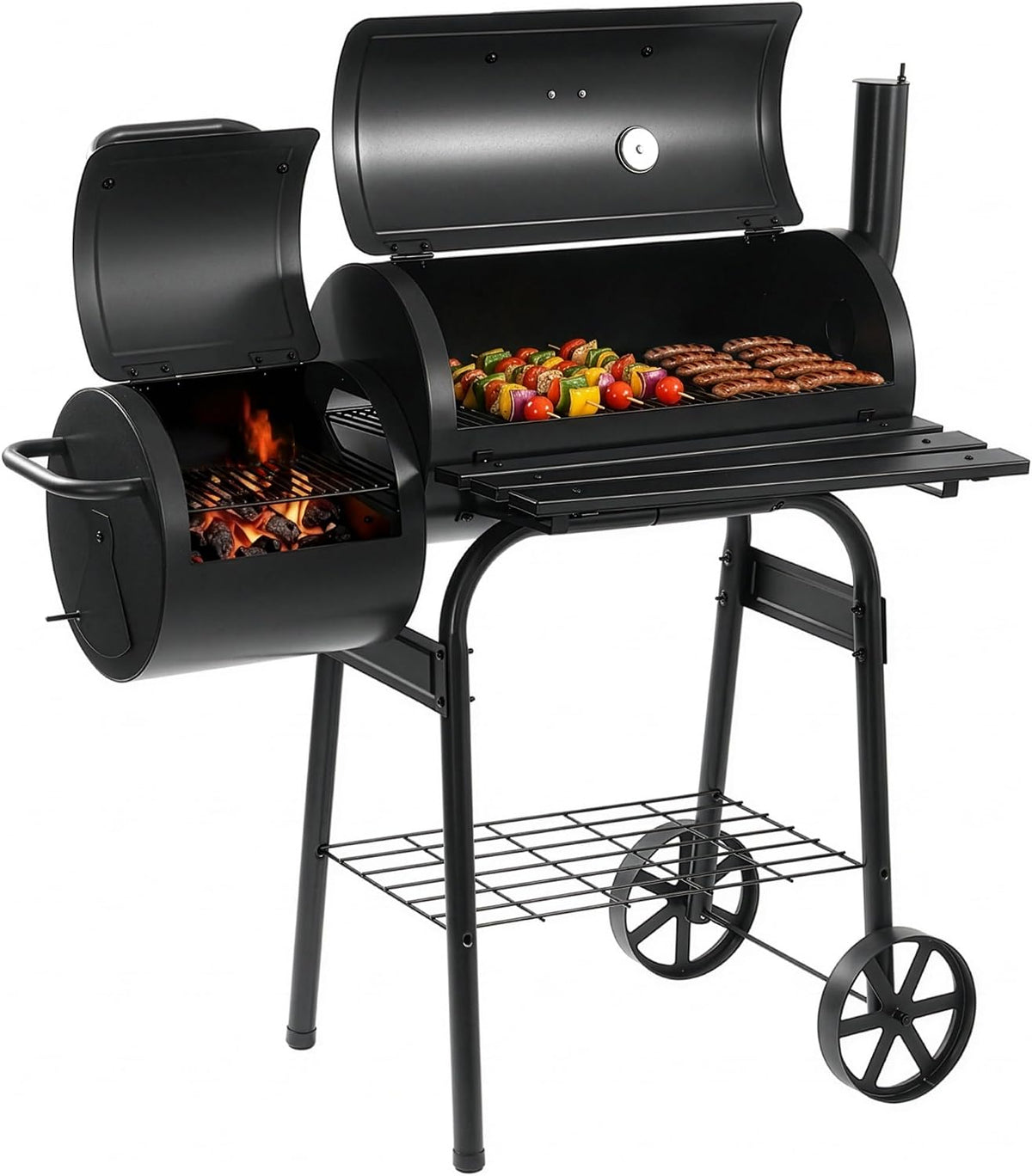 Grill Lehmann Houtskoolgrill en smoker 2-in-1, 2 wielen, zwart, XXL grillrooster, deksel, met thermometer en handgreep, bescherming tegen verbranding