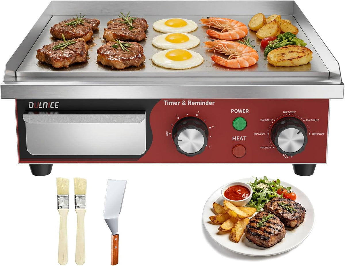 Grill Dulnice Gastro Elektrische grillplaat, 36 cm, 1700 W, met herinneringstimer van 5 minuten, temperatuurregeling 50-300 °C, roestvrij staal