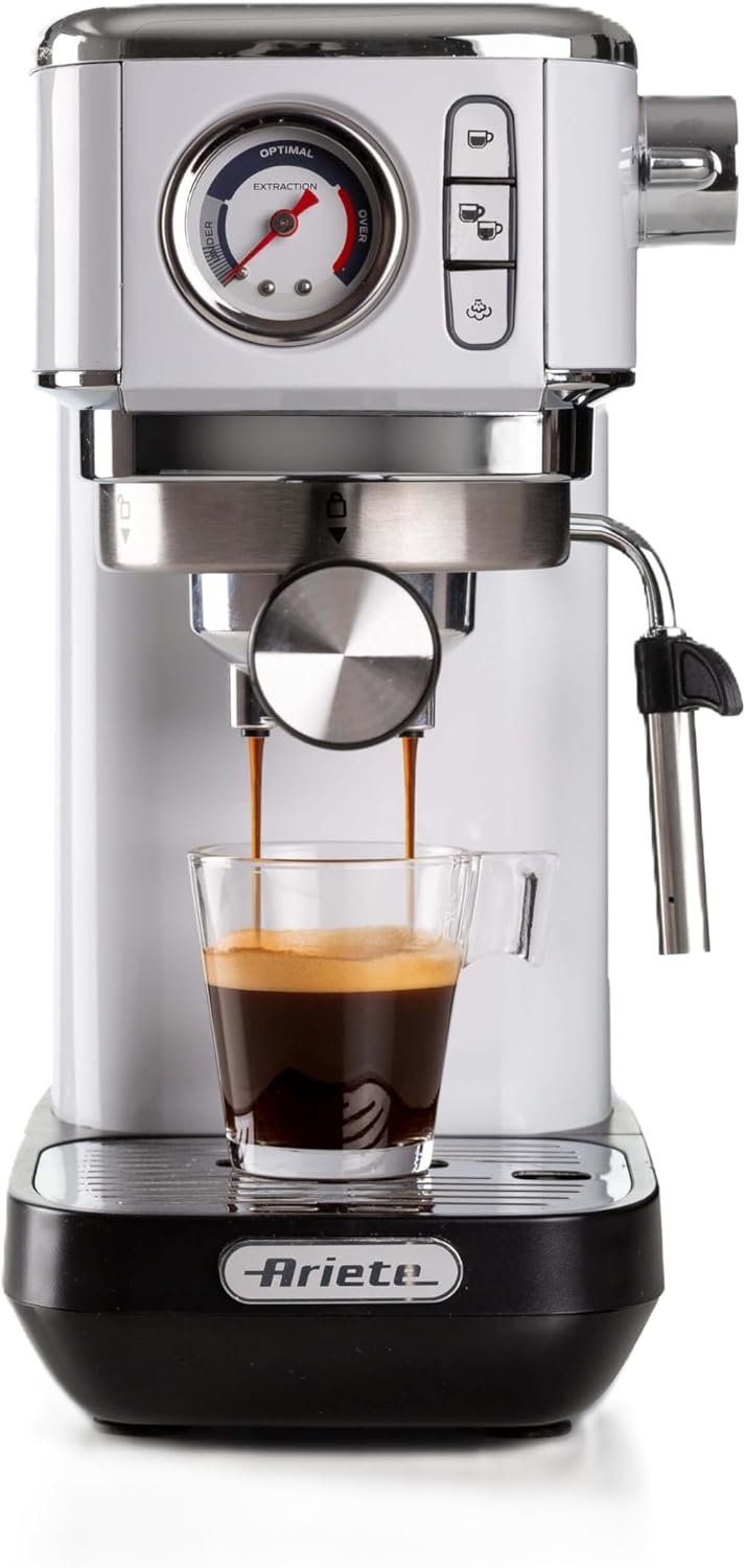 Koffiezetapparaat Ariete Espresso Slim Metal 1381, maximaal 15 bar, 1300 W, voor 1 of 2 kopjes, compatibel, wit, met manometer, filter, lans