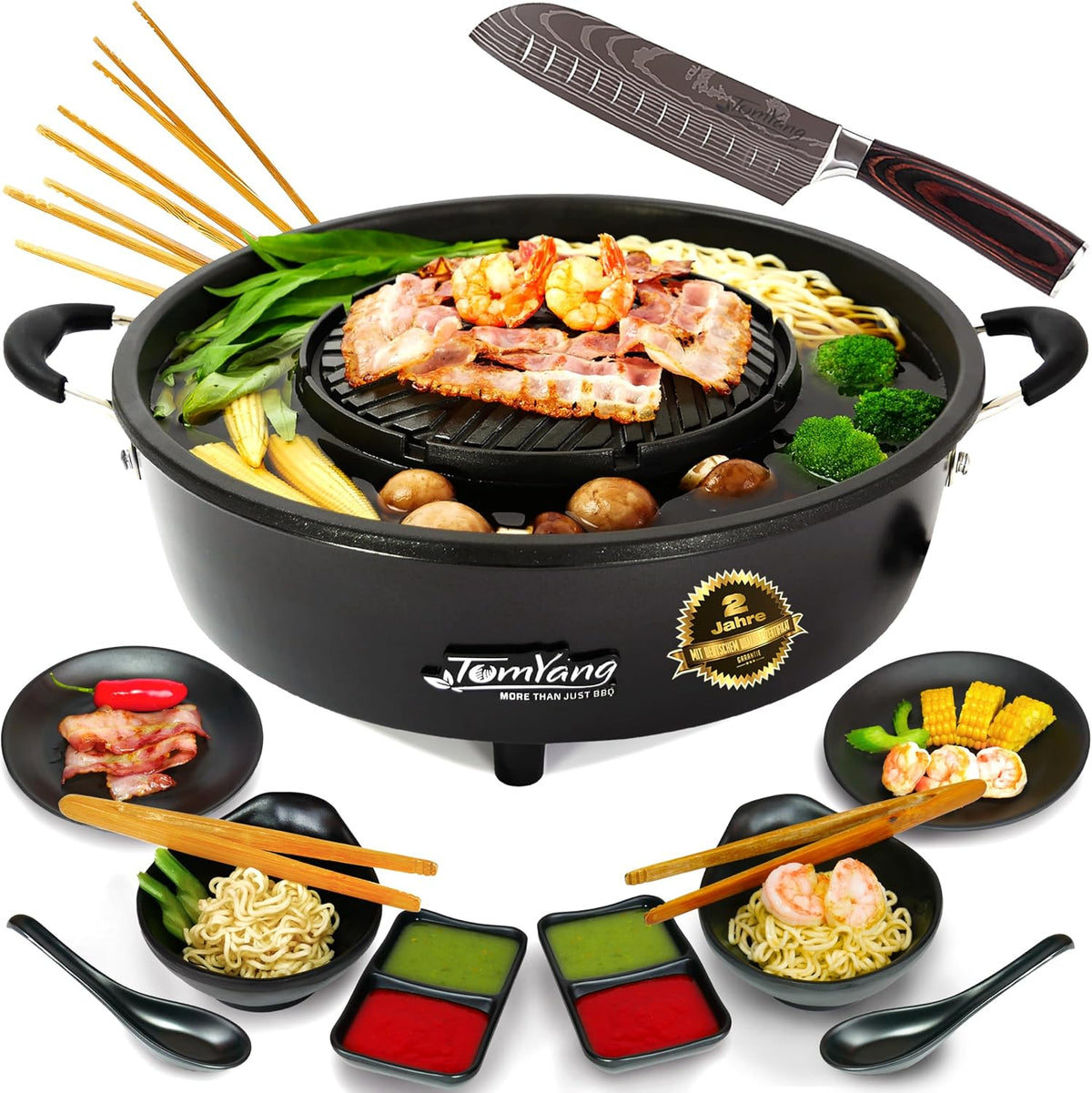 Grill TomYang BBQ, inclusief Premium Accessoires, De Originele Thai Grill & Hot, Pot, Schaal, met TomYang Santokumes van Duits roestvrij staal!